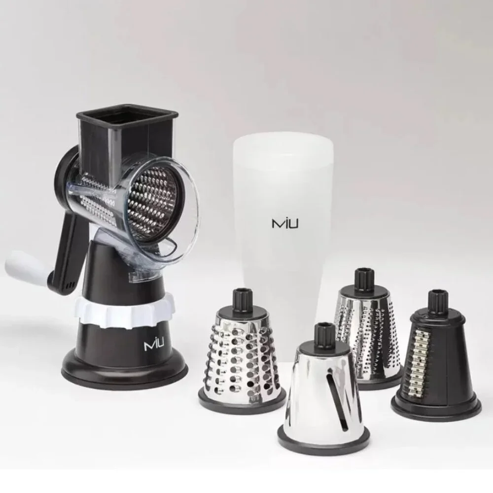 Rotary Food Grater, 5 Stainless Steel Drums, Dishwasher Safe, with Storage